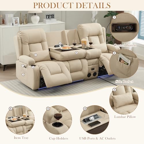 TUNYI Power Loveseat Recliner Sofa with Massage & Heat Home Theater Seating with Console RV Recliner Loveseat Sofa with USB/Storage/Side Pocket/LED Light/Speaker (Beige, 3 Seat with Console) - color: Beige, size: 3 Seat with console