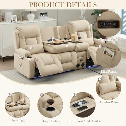 TUNYI Power Loveseat Recliner Sofa with Massage & Heat Home Theater Seating with Console RV Recliner Loveseat Sofa with USB/Storage/Side Pocket/LED Light/Speaker (Beige, 3 Seat with Console) - color: Beige, size: 3 Seat with console