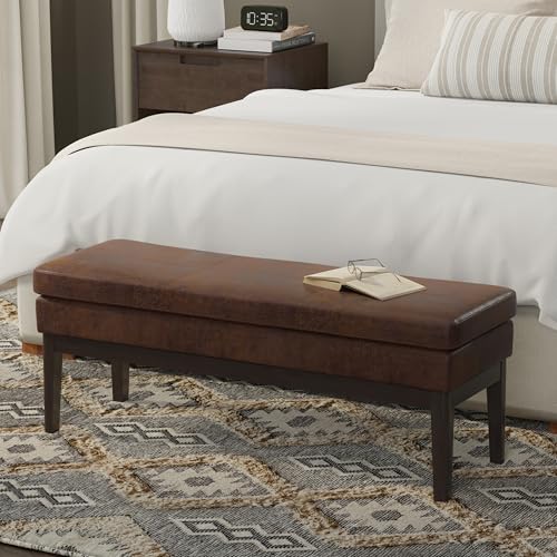 SIMPLIHOME Carlson Ottoman Bench - 45 inch Wide Upholstered Vegan Leather Rectangle Ottoman in Distressed Chestnut Brown, Mid Century Modern Bench for Bedroom or Living Room with Padded Seat - color: Distressed Chestnut Brown, style: Ottoman Bench