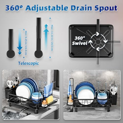 Dish Drying Rack, Stainless Steel-Dish Rack, Dish Racks for Kitchen Counter, Kitchen Dish Drainers with Removable Utensil Holder,New drain outlet,Plate Rack and Drainboard,(Black2 with Sponge Rack ) - color: Black 2