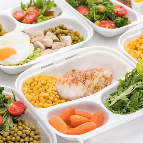 Freshware Compostable Clamshell Food Containers [8x8"] 3-Compartment 50-Pack, Disposable Containers, Biodegradable Sugarcane to Go Boxes - Paper Food Containers - Microwave & Freezer Safe, Stackable - size: 8 x 8 Inch [50 Pack]