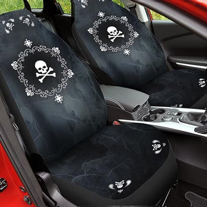 Bulopur Cute Black Gray Skull Set of 2 Car Seat Covers Universal Auto Front Seats Protector Fits for Car,SUV Sedan,Truck - color: Black Gray Skull Floral
