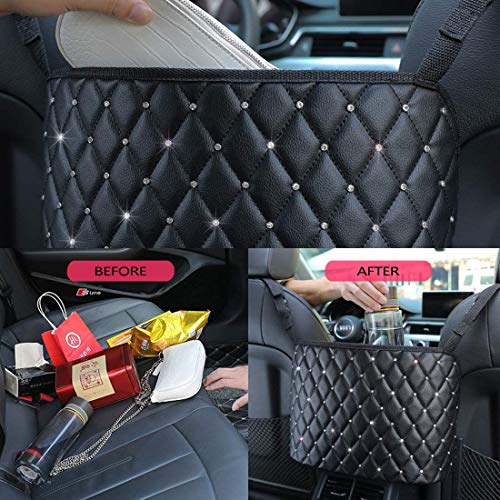 Car Pocket Handbag Holder Purse Hook for Car Leather Seat Back Organizer Holder Barrier of Backseat Pet Kids for Car Handbag Holder Between Two Seats of Car - color: Black with Diamond