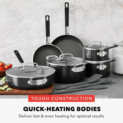 GreenPan x Bobby Flay 13 Piece Nonstick Cookware Pots and Pans Set, PFAS-Free Diamond Ceramic, Induction Suitable, Easy Clean Dishwasher & Oven Safe, Stay-Cool Silicone Handles, Glass Lids, Black - color: Black