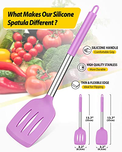 Pack of 2 Silicone Solid Turner, Non Stick Slotted Kitchen Spatulas, High Heat Resistant BPA Free Cooking Utensils, Ideal Cookware for Fish, Eggs, Pancakes(Purple) - color: Purple