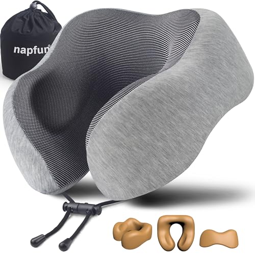 napfun Neck Pillow for Traveling, Upgraded Travel Neck Pillow for Airplane 100% Pure Memory Foam Travel Pillow for Flight Headrest Sleep, Portable Plane Accessories, Light Grey - color: Light Gray