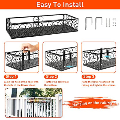 Balcony Flower Pot Stand Rack Patio Railing Shelf Plant Pots Holder Windows decorate (L, Black)