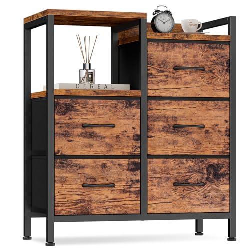 Furnulem 5 Drawer Rustic Brown Dressers for Bedroom 2 Tier Shelf Storage Small Fabric Dresser for Closet Sturdy Metal Frame Modern Style Storage Cabinets Organization Units for Hallway Rooms - color: Rustic Brown