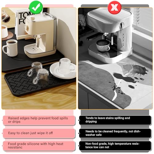 Coffee Mat, 19" x 12" Silicone Coffee Bar Mat, Non-Slip Espresso Machine Mat with 0.44" Raised Edges, Waterproof Heat Resistant Countertop Protector, Dishwasher Safe