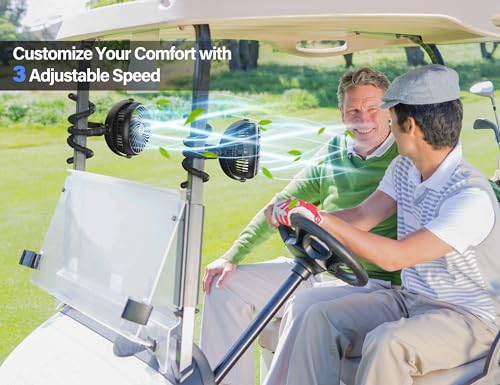 Rechargeable Golf Cart Fan Compatible with EZGO Club Car Yamaha Clip on Fan with Flexible Tripod, 360° Rotatable, 20Hrs Work, 3 Speed Battery Operated for Golf Cart Golf Palyer Summer Essential