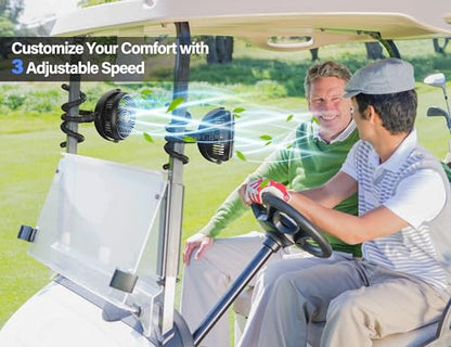 Rechargeable Golf Cart Fan Compatible with EZGO Club Car Yamaha Clip on Fan with Flexible Tripod, 360° Rotatable, 20Hrs Work, 3 Speed Battery Operated for Golf Cart Golf Palyer Summer Essential