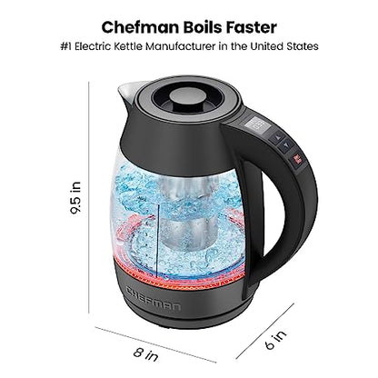 Chefman Digital Electric Kettle with Rapid 3 Minute Boil Technology, Custom Steep Timer and Temperature Presets, Bonus Tea Infuser, Rust and Discoloration Proof, 1.8 Liter, Matte Black, 1500W - color: Black, style: Glass with Tea Infuser
