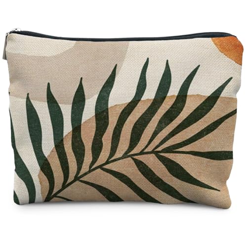 Abstract Boho Botanical Makeup Bag, Tropical Palm Leaf Cosmetic Bags for Women, Boho Gifts for Women, Minimalist Modern Plant Zipper Makeup Pouch - color: Leaf - 2
