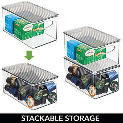 mDesign Plastic Deep Storage Bin Box Container with Lid and Built-In Handles - Organization for Fruit, Snacks, or Food in Kitchen Pantry, Cabinet, Cupboard, Ligne Collection, 4 Pack, Clear/Smoke Gray