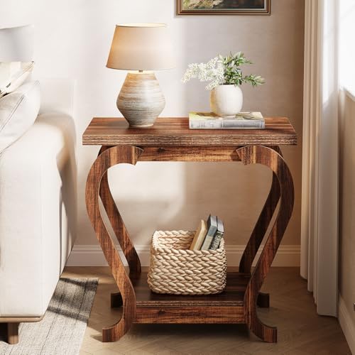 Tribesigns Narrow End Table with Storage, 2-Tier Wooden Side Table for Small Spaces, Slim Nightstand Bedside Table for Living Room & Bedroom, Rustic Brown, 23.6 Inch (1, Rustic Brown) - color: Rustic Brown