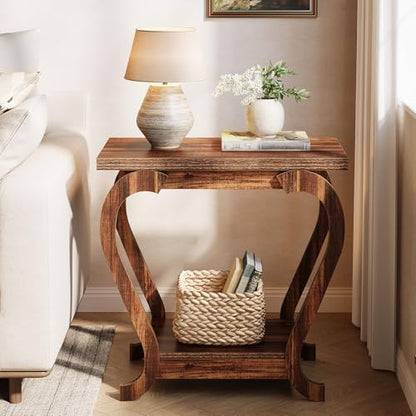 Tribesigns Narrow End Table with Storage, 2-Tier Wooden Side Table for Small Spaces, Slim Nightstand Bedside Table for Living Room & Bedroom, Rustic Brown, 23.6 Inch (1, Rustic Brown) - color: Rustic Brown