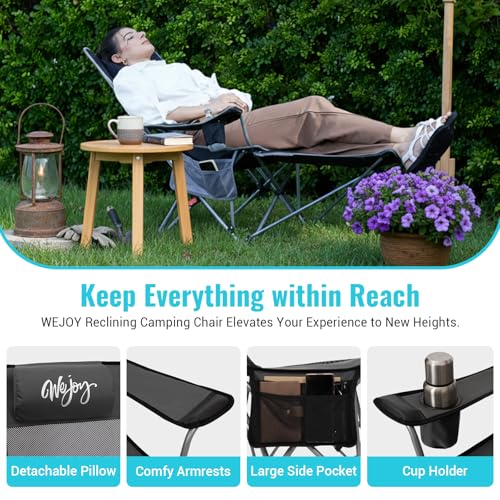 #WEJOY 2-in-1 Reclining Camping Chair with Footrest for Adults Folding Lounge Chair with Adjustable Backrest Lightweight Camping Chairs Heavy Duty Camp Chairs for Outdoor - color: Grey Black