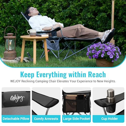 #WEJOY 2-in-1 Reclining Camping Chair with Footrest for Adults Folding Lounge Chair with Adjustable Backrest Lightweight Camping Chairs Heavy Duty Camp Chairs for Outdoor - color: Grey Black