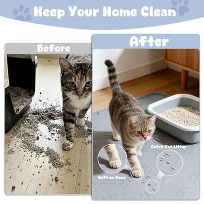 JUJOMAT Cat Litter Box Mat, 40"*28" Large Silicone Cat Litter Trapping Mat Non-Slip Gray Kitty Litter Mat for Indoor Cats, Waterproof Pet Food Mats Easy to Clean & Soft on Kitty Paws - size: 40"L x 28"W