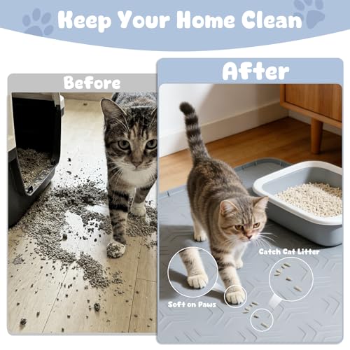 JUJOMAT Cat Litter Box Mat, 50"×35" Large Silicone Cat Litter Trapping Mat Non-Slip Gray Kitty Litter Mat for Indoor Cats, Waterproof Pet Food Mats Easy to Clean & Soft on Kitty Paws - size: 50"L x 35"W