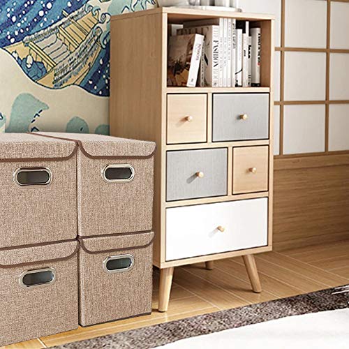 Storage Bin [Set of 4] Linen Fabric Foldable Container with Lid, Collapsible Organizer Boxes Cubes – 10 x 10 x 10 Inches (Beige) - color: Beige
