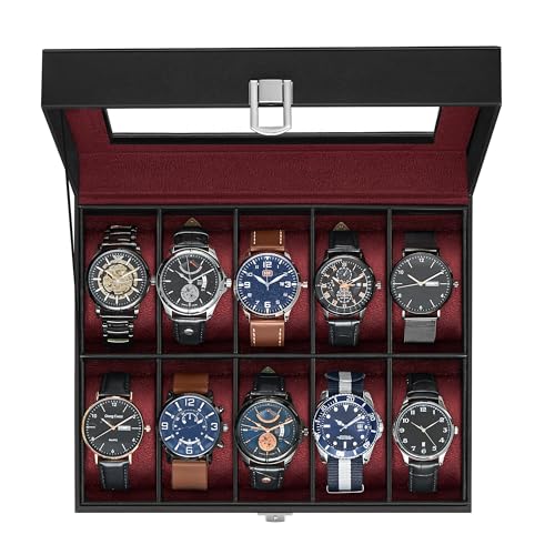 SONGMICS Watch Box, 10-Slot Watch Case Organizer with Large Glass Lid, Removable Pillows, Fathers Day Gift for Dad, Black Synthetic Leather, Wine Red Lining UJWB010R01 - color: Black + Wine Red, size: 10 Slot