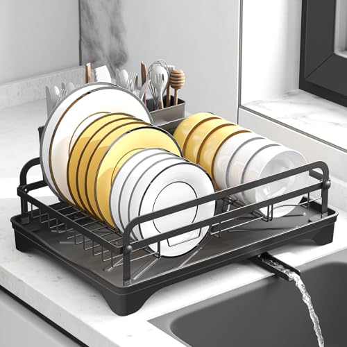 Dish Drying Rack for Kitchen Counter, Large Dish Drying Rack with Utensil Holder & Cutlery Tray, Dish Drainer with Drainboard, Black - color: 1 Tier - Black