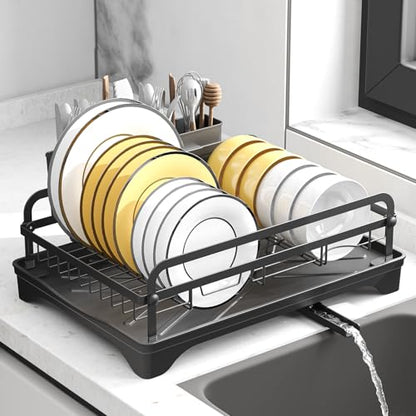 Dish Drying Rack for Kitchen Counter, Large Dish Drying Rack with Utensil Holder & Cutlery Tray, Dish Drainer with Drainboard, Black - color: 1 Tier - Black