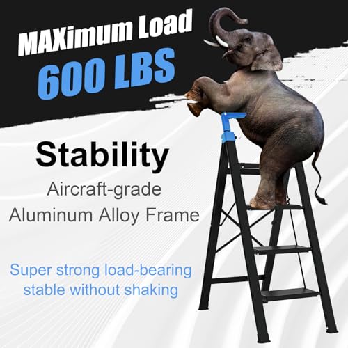 4 Step Ladder,Extendable Single-Handrail Lightweight Aluminum Step Ladder 4 Step Folding,600lbs Max Load Capacity for Household,Kitchen,Office (Blue) - color: Blue, size: 4 steps