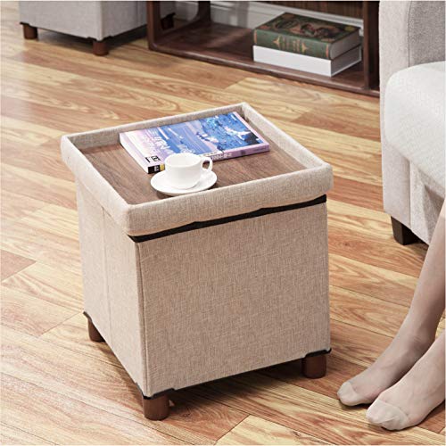 15 Inch Storage Ottoman with Wooden Legs - Cube Foot Rest Stool, Square Footstool, Comfortable Seat with Lid, Foldable Fabric Ottoman, Space-Saving Beige - color: Squ Beige