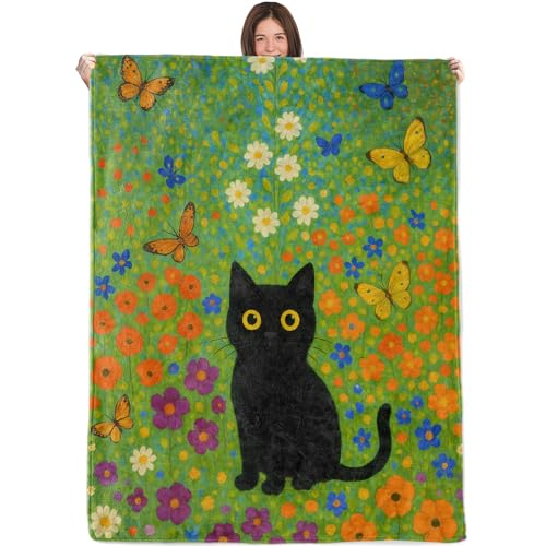 Black Cat in Flower Field Blanket,40x50in,Cozy Flannel Throw with Cute Feline Wildflower Butterfly Design,Soft Lightweight Gifts Blankets for Kids,Sofa Bed Travel Living Room Decor - color: Black Cat 02, size: 50"x40"