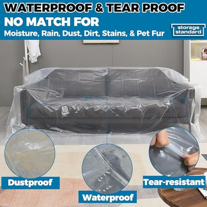 Plastic Furniture Covers for Moving - Heavy-Duty Couch Cover for Sofa, Waterproof & Dustproof Clear Moving Bags for Renovation, Wrap or Storage - Extra Large Bag Open Size 96 x 42 x 62 Inch