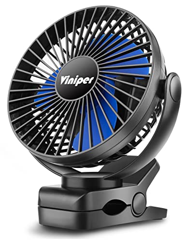 Viniper 6 inch Rechargeable Clip on Fan, 5000mah Battery Desk Fan : 360° Rotation & 3 Speeds Strong Wind Portable Fan, 8-30 Working Hours, Quiet and Powerful (Black,blue) - color: Black blue, style: 5000mah Clip fan
