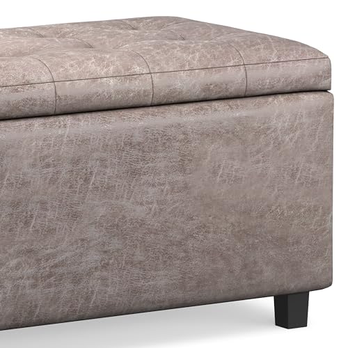 SIMPLIHOME Cosmopolitan Storage Ottoman - 34 inch Wide Upholstered Vegan Leather Rectangle Storage Ottoman Bench in Distressed Grey Taupe, Transitional Tufted Ottoman for Living Room with Lift-Up Lid - color: Distressed Grey