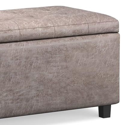 SIMPLIHOME Cosmopolitan Storage Ottoman - 34 inch Wide Upholstered Vegan Leather Rectangle Storage Ottoman Bench in Distressed Grey Taupe, Transitional Tufted Ottoman for Living Room with Lift-Up Lid - color: Distressed Grey