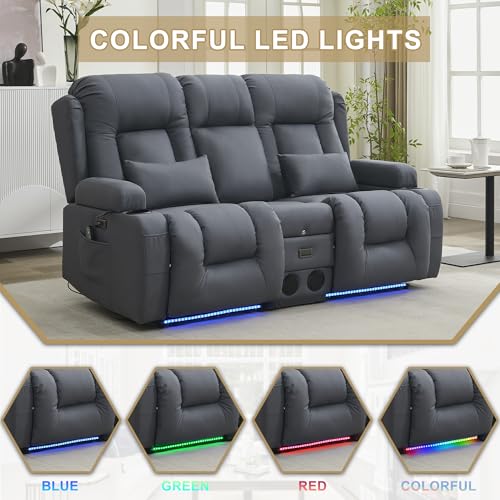 URRED Power Loveseat Recliner Sofa with Massage and Heat, Wall Hugger Reclining Loveseat with Console, RV Couch Home Theater Seating with LED Lights for Living Room (Blue Grey, 67" - 2 Seats) - color: Blue Grey, size: 67" - 2 Seats