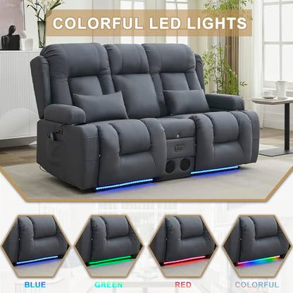 URRED Power Loveseat Recliner Sofa with Massage and Heat, Wall Hugger Reclining Loveseat with Console, RV Couch Home Theater Seating with LED Lights for Living Room (Blue Grey, 67" - 2 Seats) - color: Blue Grey, size: 67" - 2 Seats