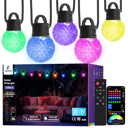 APPECK Outdoor String Lights 50ft, RGBW Color Changing Patio Lights with 25 Dimmable LED Bulbs, 111 Scene Modes, IP65 Waterproof Lighting for Outside, Party, Backyard, Pool, Compatible with Alexa - size: 50FT