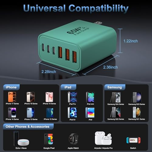 65W USB C Charger Block,6-Port Multi Device Fast Charger PD QC Wall Adapter | GaN technology saves space and reduces heat,ideal for home,office,travel,wide compatibility for iphone and USBC devices（Green - color: Green