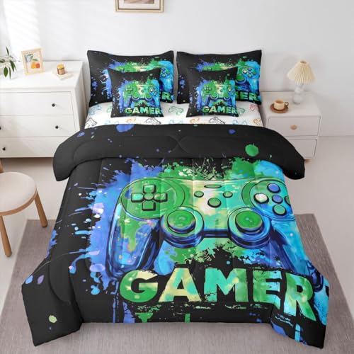 Castle Fairy Game Console Soft Bedding Comforters Queen Watercolor Gaming 7pcs Bedding Set for Kids Boys Room Decor,3D Gaming Bed in a Bag with Comforter,Sheets,Pillowcases,Black Cyan - color: Black Cyan, size: Queen