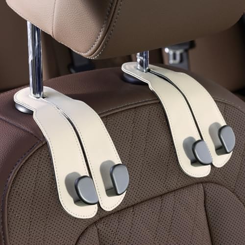 CoBak Headrest Hooks for Car - Universal Premium Stitched Leather and Aluminum-Magnesium Alloy Double Car Seat Back Storage Hook for Purses, Handbags, Bags (2 Pack),Beige - color: Beige, size: 2-Hooks