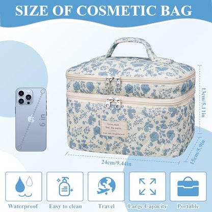 Gosect Makeup bag, Large Cosmetic Bag for Women Girls, Cute Quilted Makeup Bags, Floral Coquette Aesthetic Toiletry Bag, Travel Make Up Organizer Bag (Blue Bow) - color: 020Blue Bow