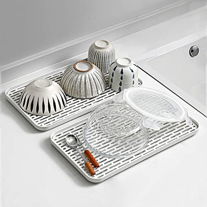 2 Pack Serving Tray & Dish Rack & Flat Drain Board, Multi-Use Tray for Serving, Fruit Drain, Cup Drain, White & Grey, Perfect for Coffee Table, Kitchen, Outdoors (8.85W x 15.35L) - size: 8.85W x 15.35L- 2pack