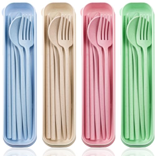 ELANE 4 Sets Reusable Travel Utensils Set with Case,Camping Cutlery Set Reusable Cutlery Set with Case,Utensil Sets for Lunch Picnic Daily Use Outdoor - color: color 2
