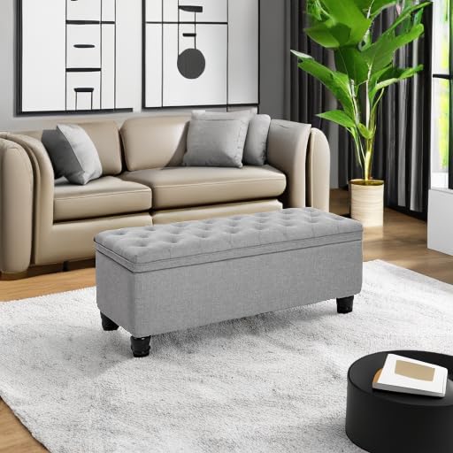 SONGMICS Storage Ottoman, Storage Bench, Tufted Entryway Bedroom Bench, 17.7 x 46.5 x 17.7 Inches, Hinges Easy Lid Operation, Wooden Legs, Linen-Look Cover, Loads 330 lb, Light Gray ULOM070G02 - color: Light Gray, style: Classic(17.7"D x 46.5"W x 17.7"H)