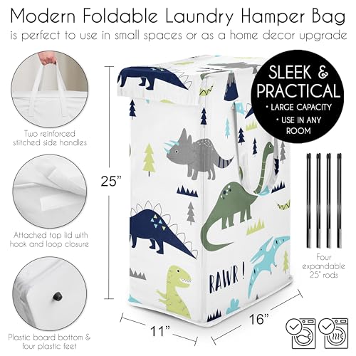 Sweet Jojo Designs Blue Green Modern Dinosaur Boy Laundry Hamper Foldable Dirty Clothes Basket with Handles for Baby Nursery Kids Bedroom Teen Bathroom Dino Dinosaurs Prehistoric Boho Bohemian Volcano - color: Blue and Green Dinosaur