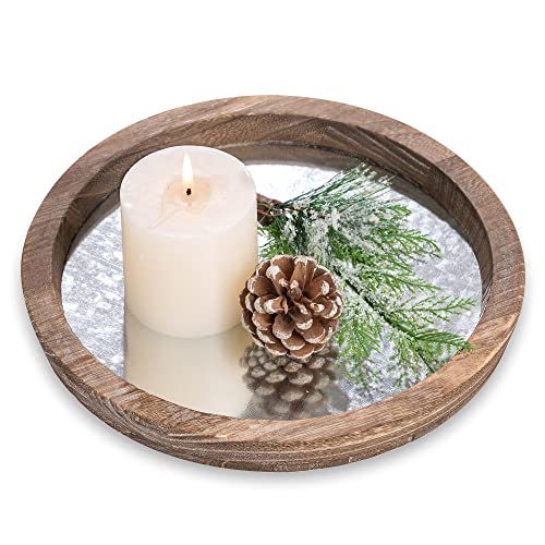 Hanobe Round Wood Decorative Tray: Rustic Wooden Tray for Coffee Table Farmhouse Centerpiece Mirror Candle Holder Vintage Mirrored Bar Plate Ottoman Topper for Home Decor Bathroom Kitchen - color: Distressed Mirror