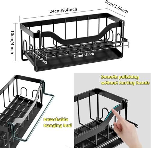 Kitchen Sink Organizer Stainless Steel Sponge Holder with Automatic Drainage Tray and Detachable Rag Rack - color: Black