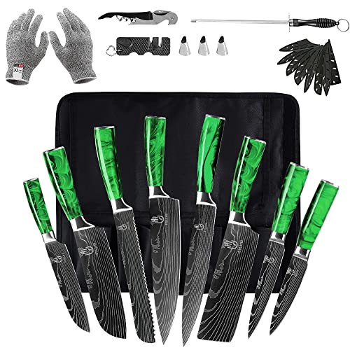 FULLHI Knife Set, 14pcs Japanese Knives Set, Multiple Colour Premium German Stainless Steel Chef Knife Set - color: Green, size: 14 Piece Knife Set