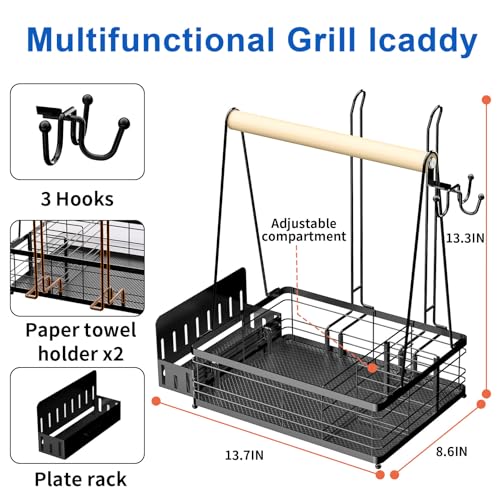 Grill Caddy with Plate Holder and 2Paper Towel Holder, Picnic BBQ Condiment Utensil Organizer Caddy for Outdoor Cooking, RV, Camping Essential, Camper Must Haves, Grilling Gifts